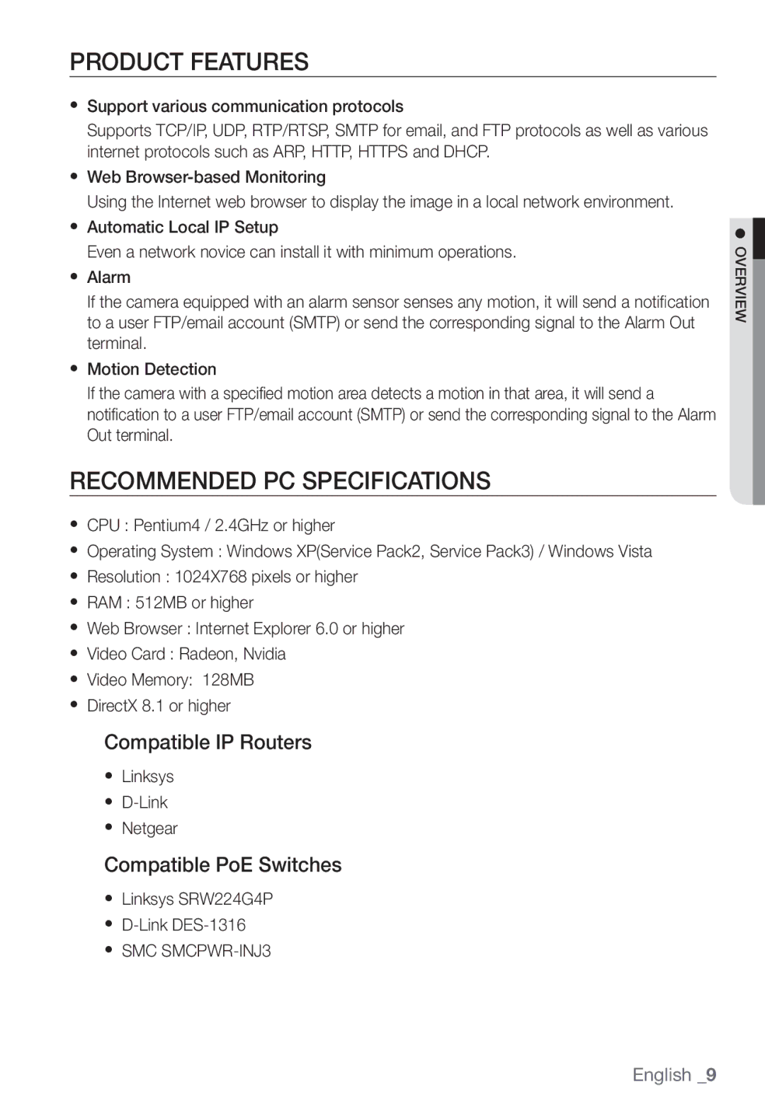 Samsung SNC-B2331P manual Product Features, Recommended PC Specifications, Compatible IP Routers, Compatible PoE Switches 