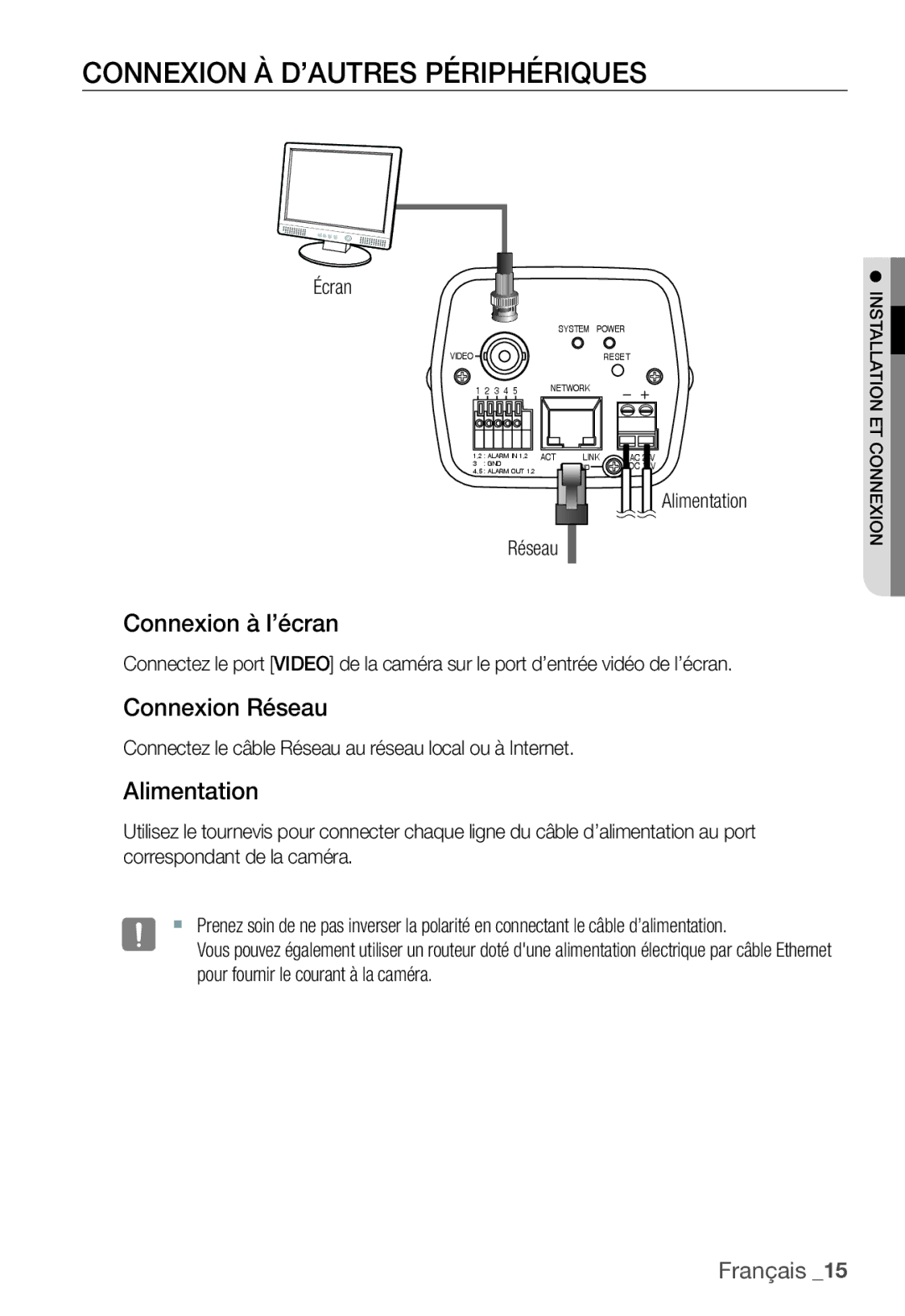 Samsung SNC-B2331P manual Connexion À D’AUTRES Périphériques, Connexion à l’écran, Connexion Réseau, Alimentation 