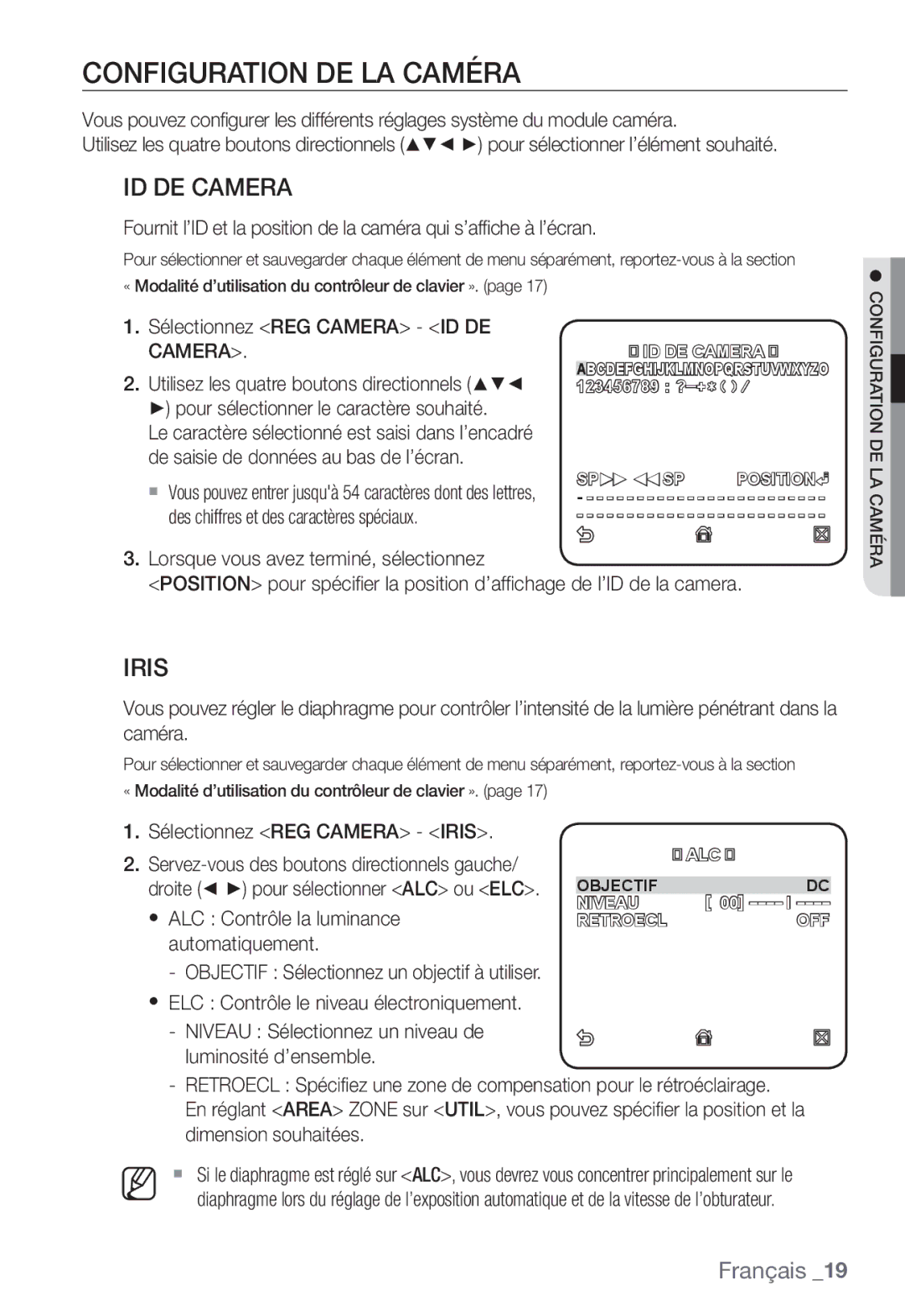 Samsung SNC-B2331P manual Configuration DE LA Caméra, Iris, Sélectionnez REG Camera ID DE Camera 