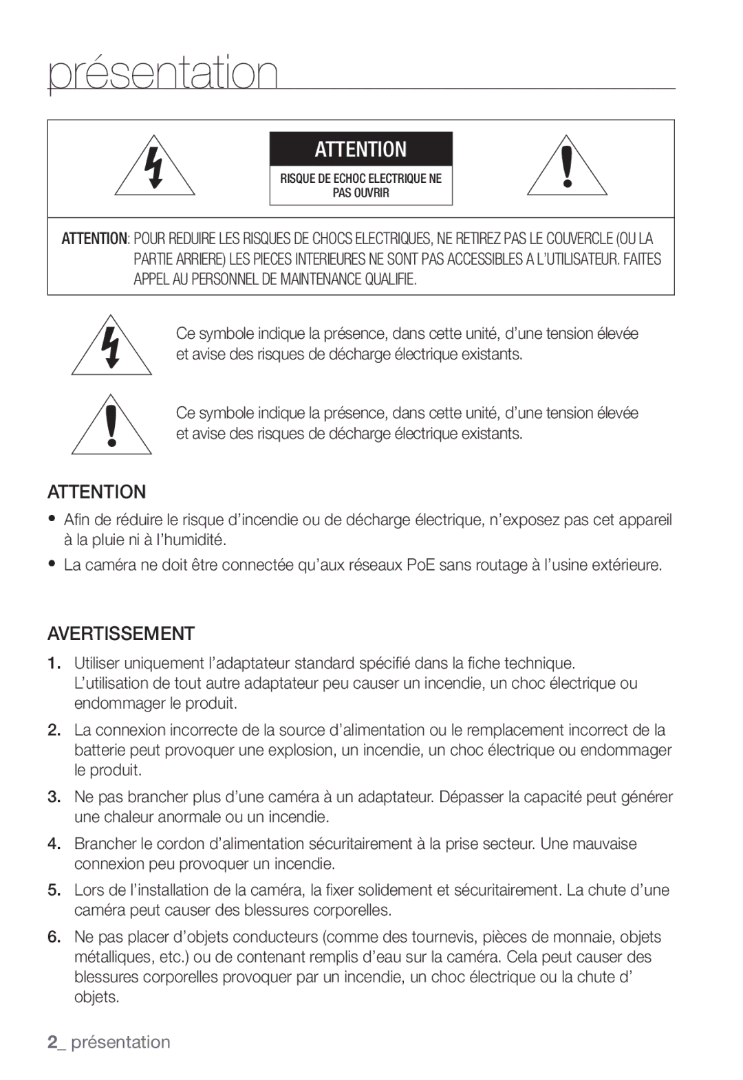 Samsung SNC-B2331P manual Présentation, Avertissement 