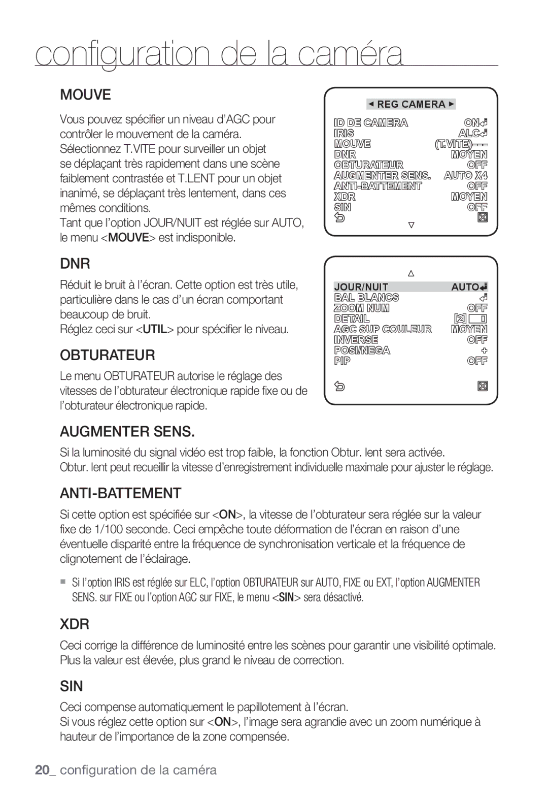 Samsung SNC-B2331P manual Mouve, Dnr, Obturateur, Augmenter Sens, Anti-Battement, Xdr, Sin 