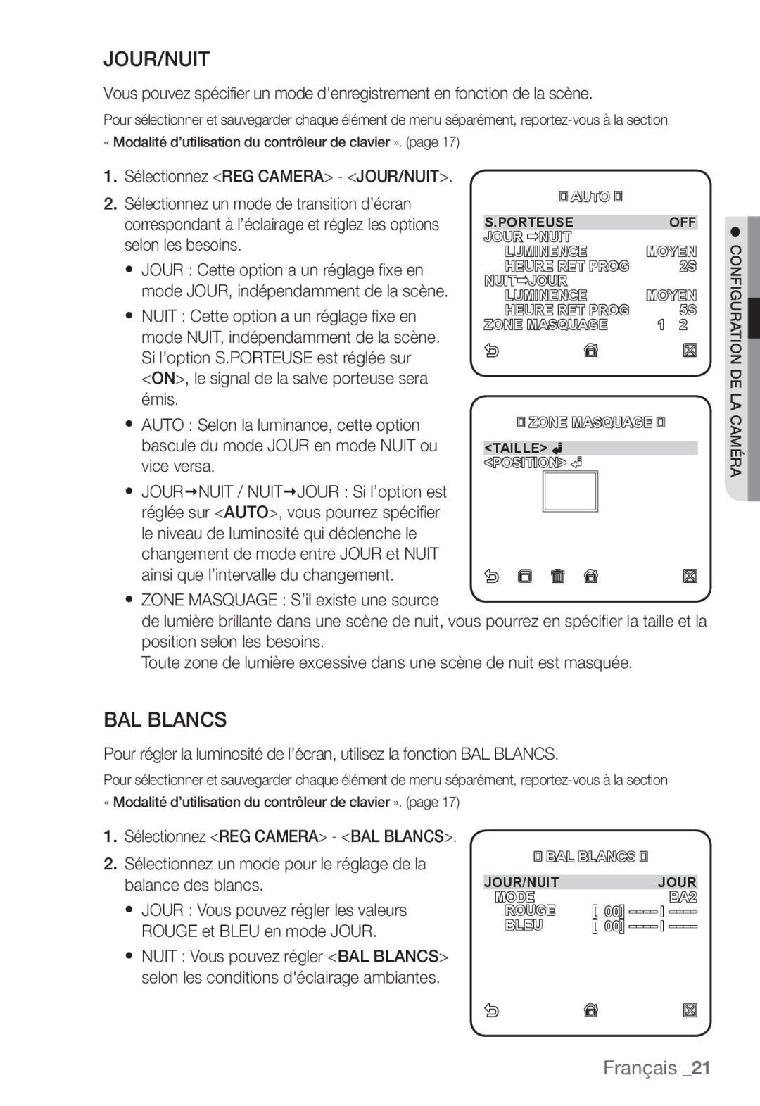 Samsung SNC-B2331P manual Jour/Nuit, BAL Blancs 