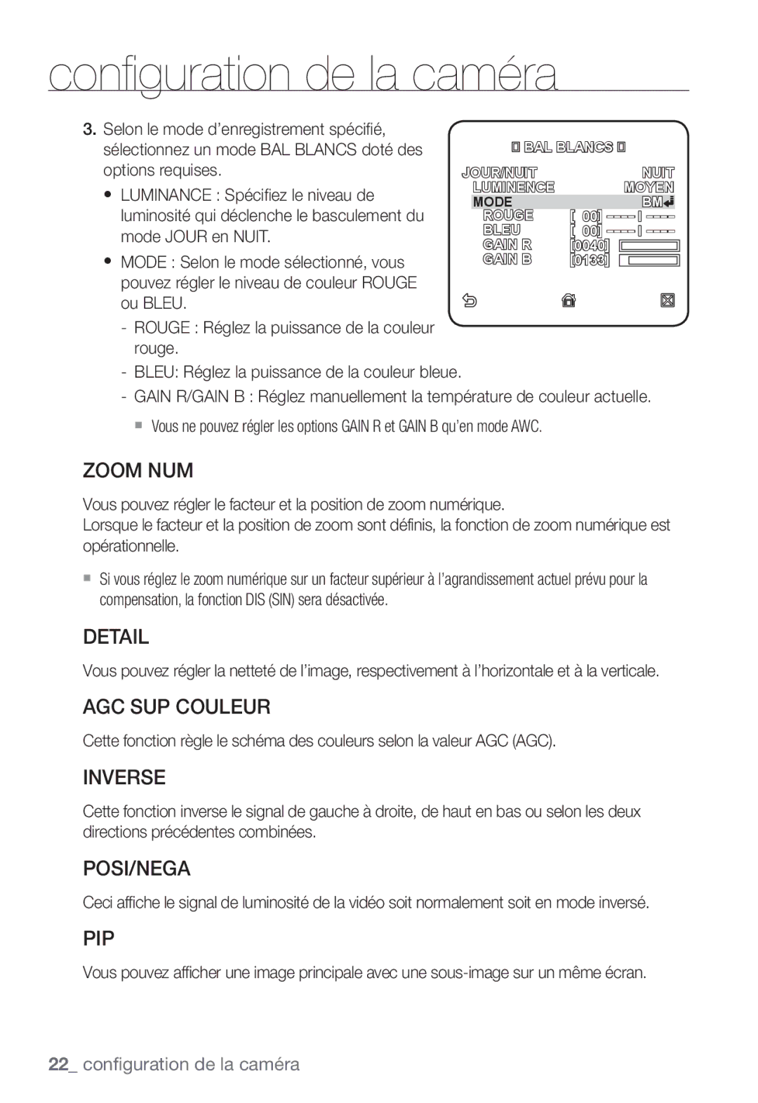 Samsung SNC-B2331P manual Zoom NUM, Detail, AGC SUP Couleur, Inverse, Posi/Nega, Pip 