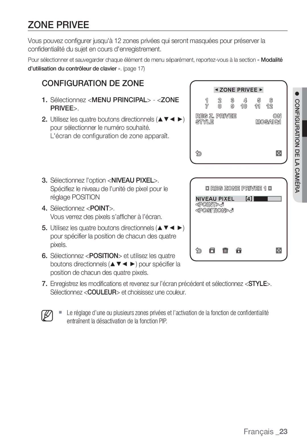 Samsung SNC-B2331P manual Configuration DE Zone, Sélectionnez Menu Principal Zone Privee 