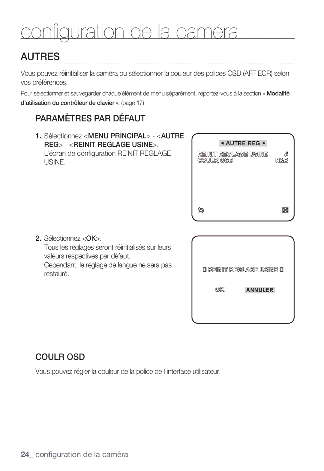 Samsung SNC-B2331P manual Autres, Paramètres PAR Défaut, Coulr OSD 