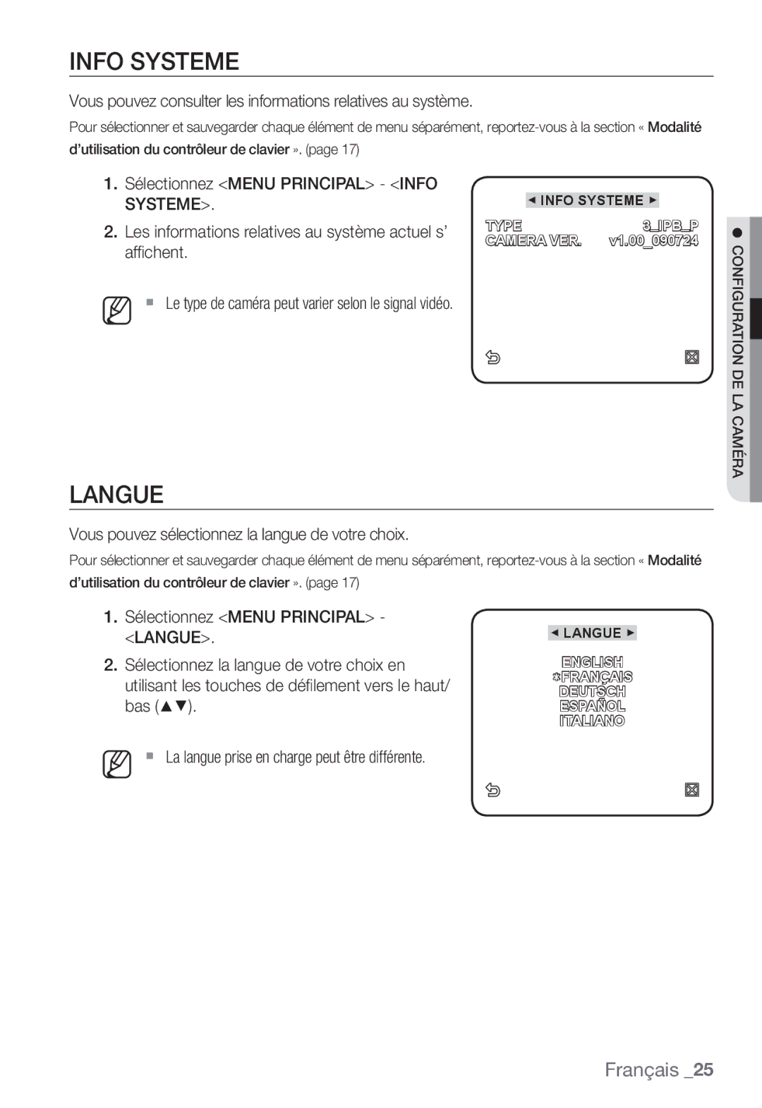 Samsung SNC-B2331P manual Info Systeme, Langue, Vous pouvez consulter les informations relatives au système 