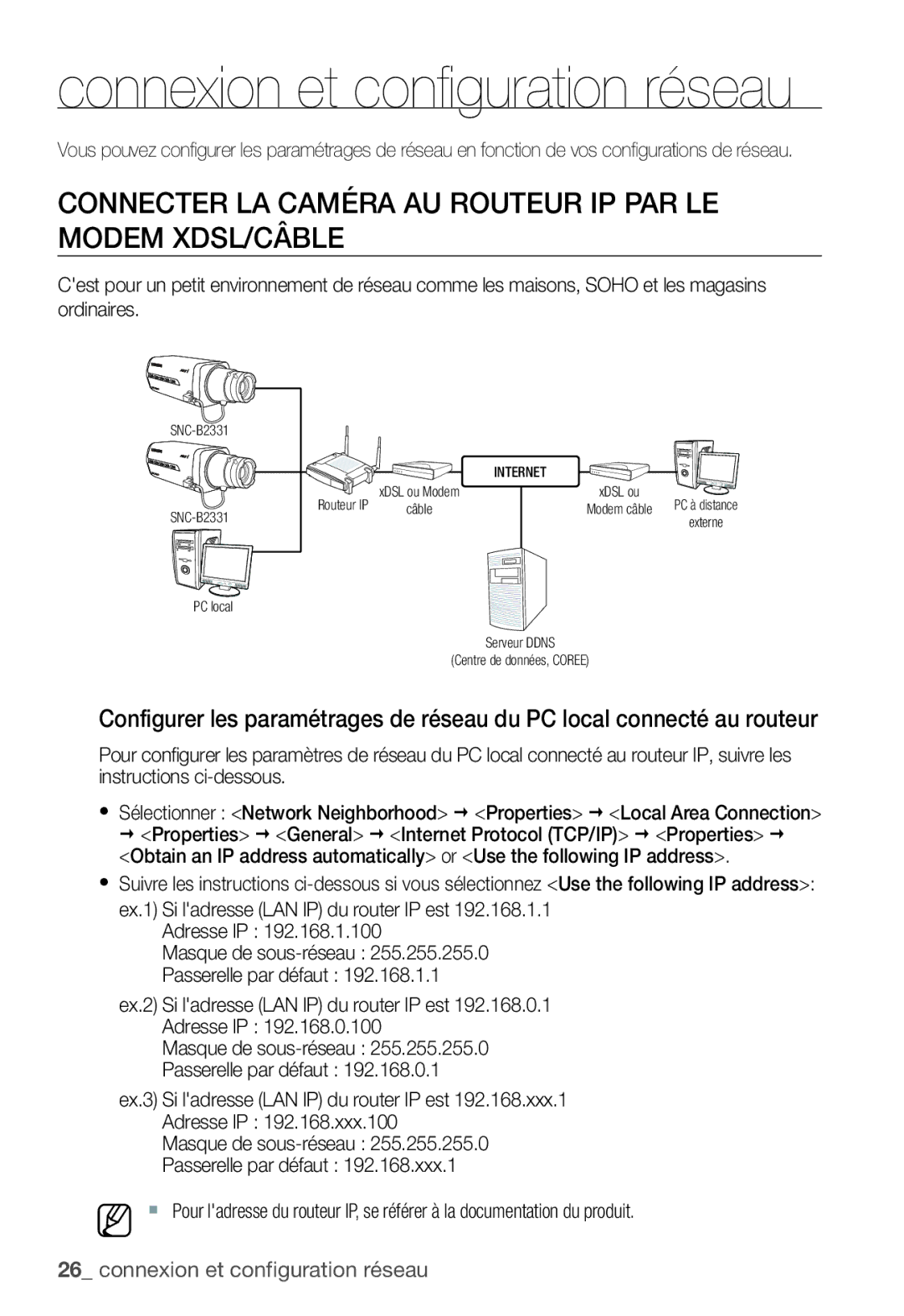 Samsung SNC-B2331P manual Connexion et configuration réseau, Connecter LA Caméra AU Routeur IP PAR LE Modem XDSL/CÂBLE 