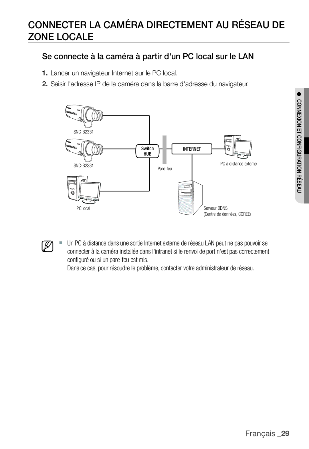 Samsung SNC-B2331P manual Connecter LA Caméra Directement AU Réseau DE Zone Locale 