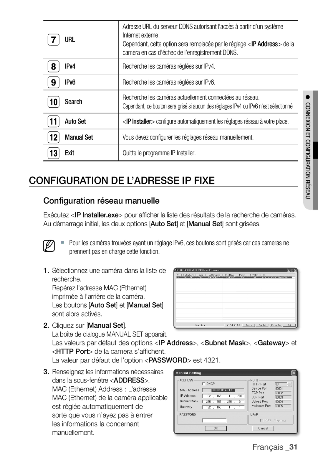 Samsung SNC-B2331P manual Configuration DE L’ADRESSE IP Fixe, Configuration réseau manuelle, Url 