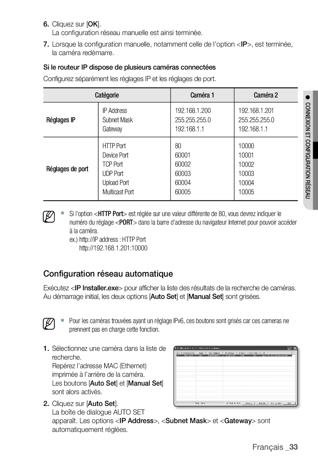 Samsung SNC-B2331P manual Configuration réseau automatique 