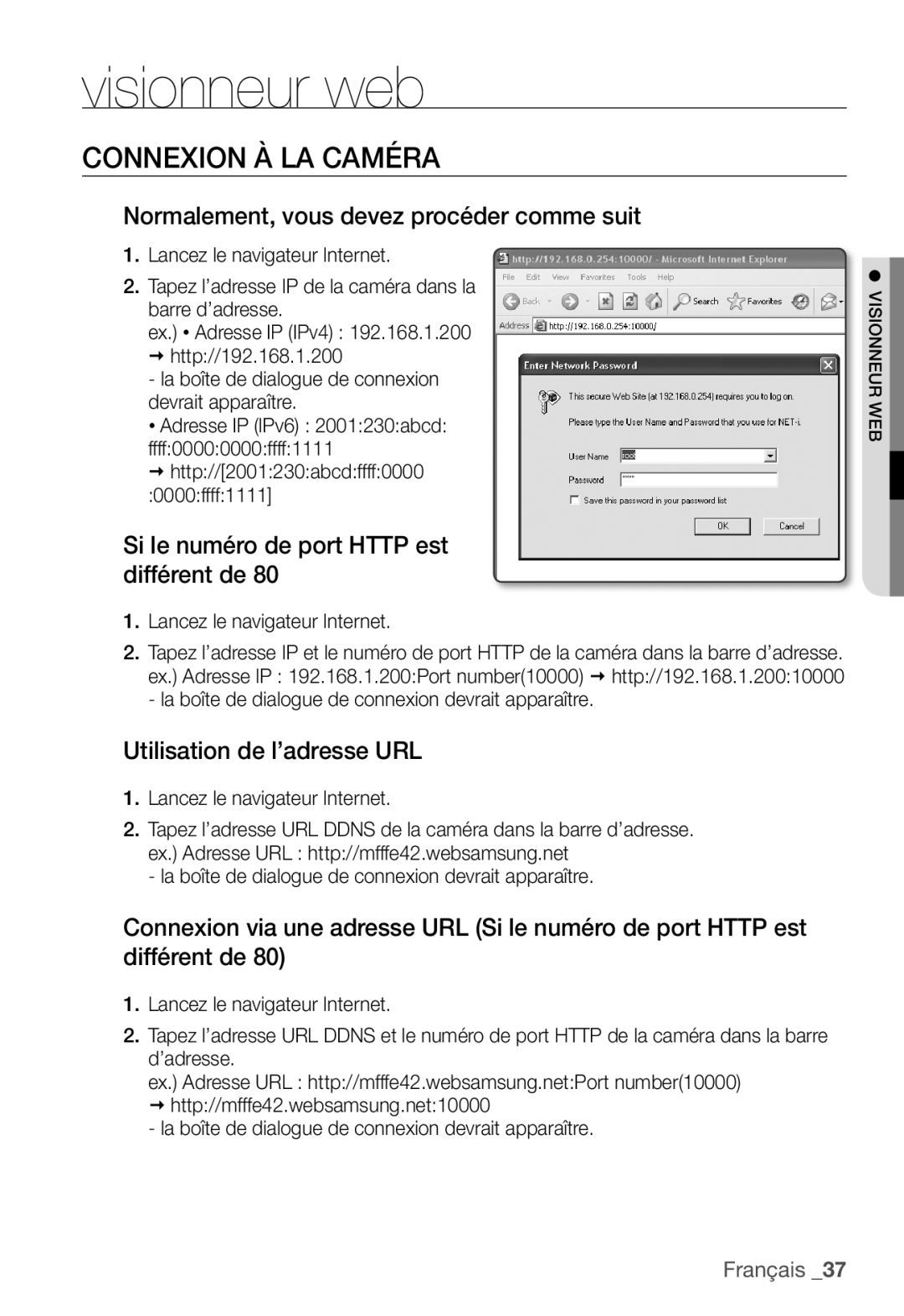 Samsung SNC-B2331P manual Connexion À LA Caméra, Normalement, vous devez procéder comme suit, Utilisation de l’adresse URL 