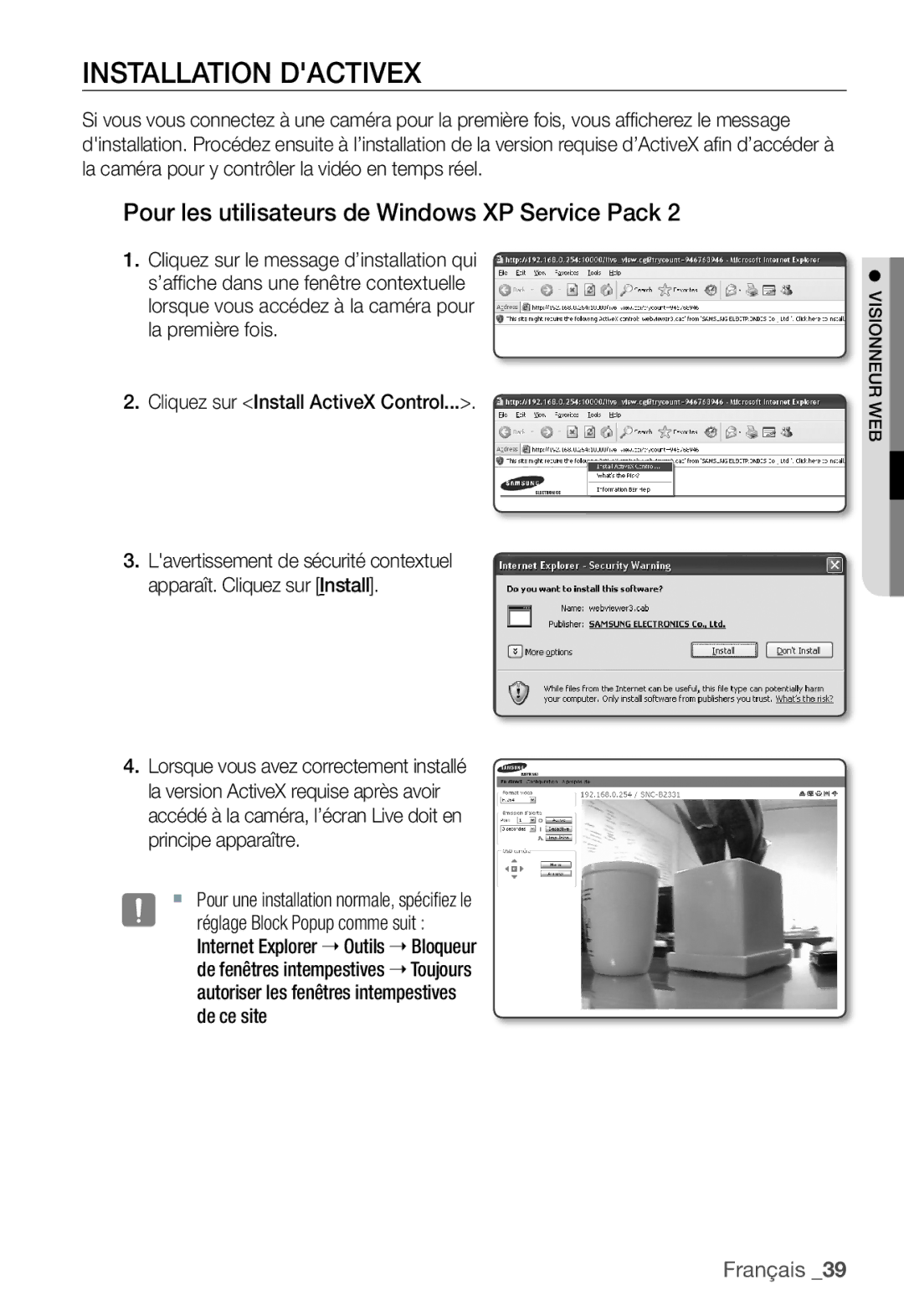 Samsung SNC-B2331P manual Installation Dactivex, Pour les utilisateurs de Windows XP Service Pack 