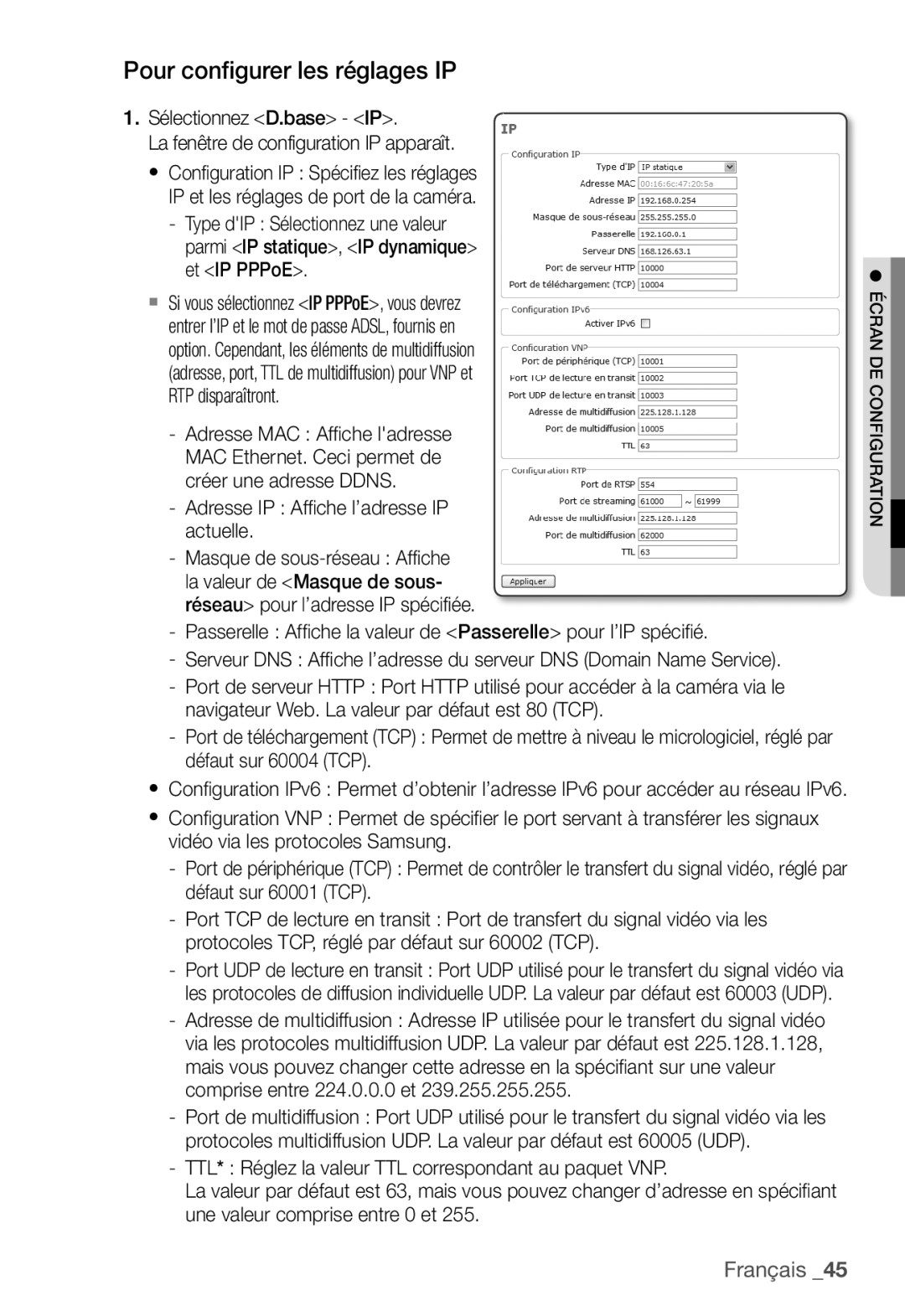 Samsung SNC-B2331P manual Pour configurer les réglages IP, Sélectionnez D.base IP, Adresse IP Afﬁ che l’adresse IP actuelle 