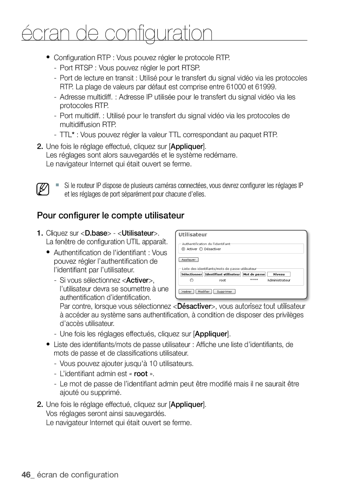 Samsung SNC-B2331P manual Pour configurer le compte utilisateur, Le navigateur Internet qui était ouvert se ferme 