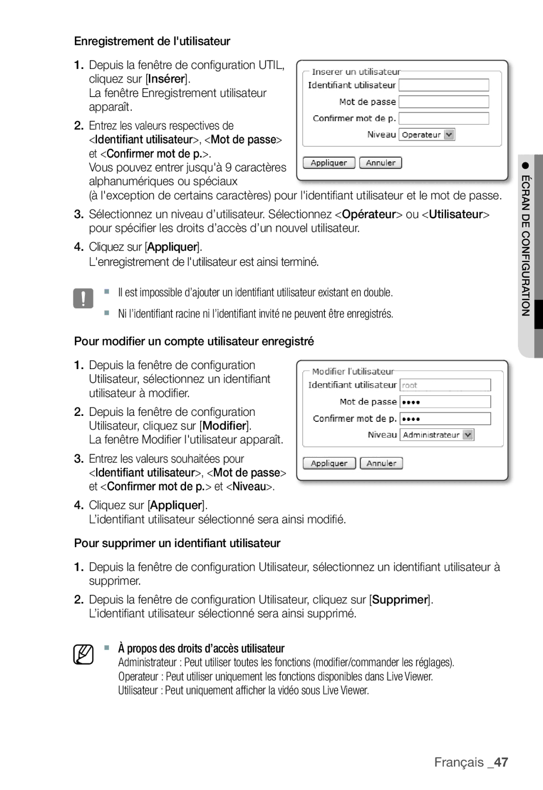 Samsung SNC-B2331P manual  À propos des droits d’accès utilisateur 