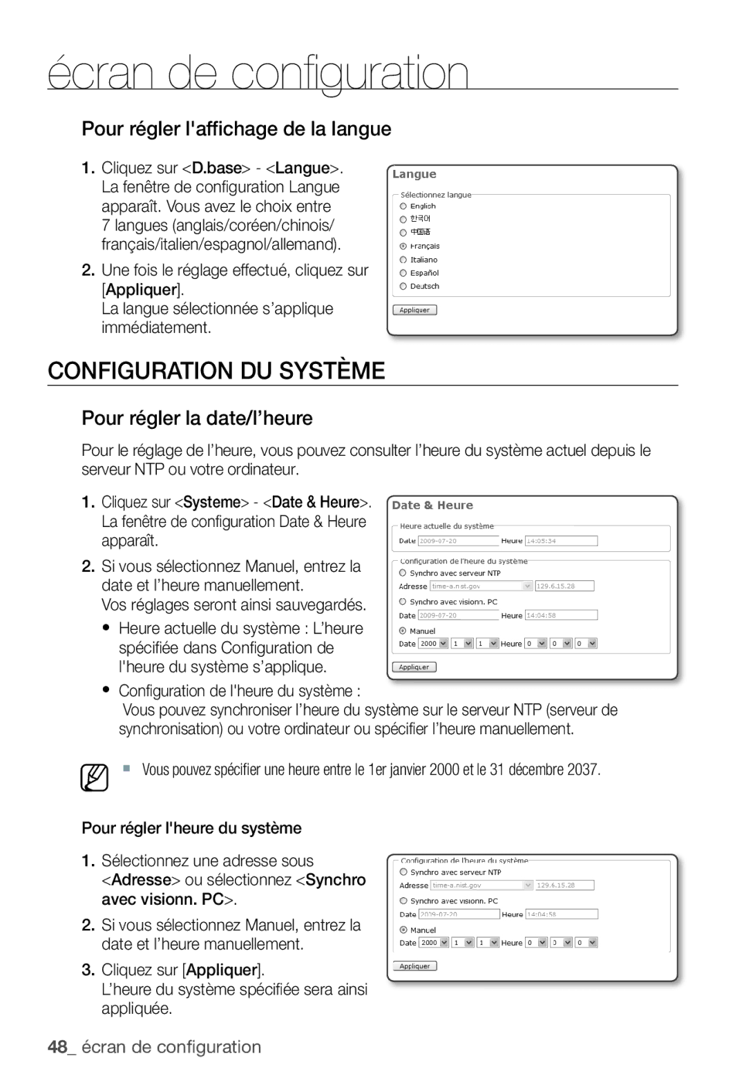 Samsung SNC-B2331P manual Configuration DU Système, Pour régler laffichage de la langue, Pour régler la date/l’heure 