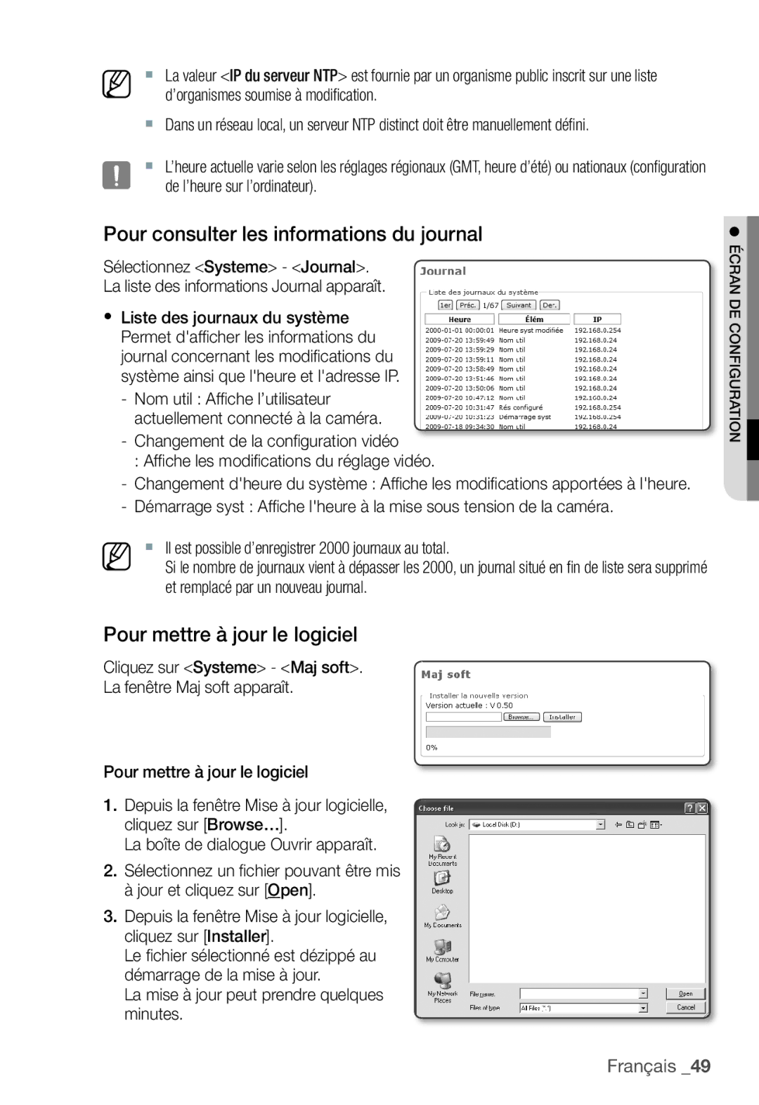 Samsung SNC-B2331P manual Pour consulter les informations du journal, Pour mettre à jour le logiciel 