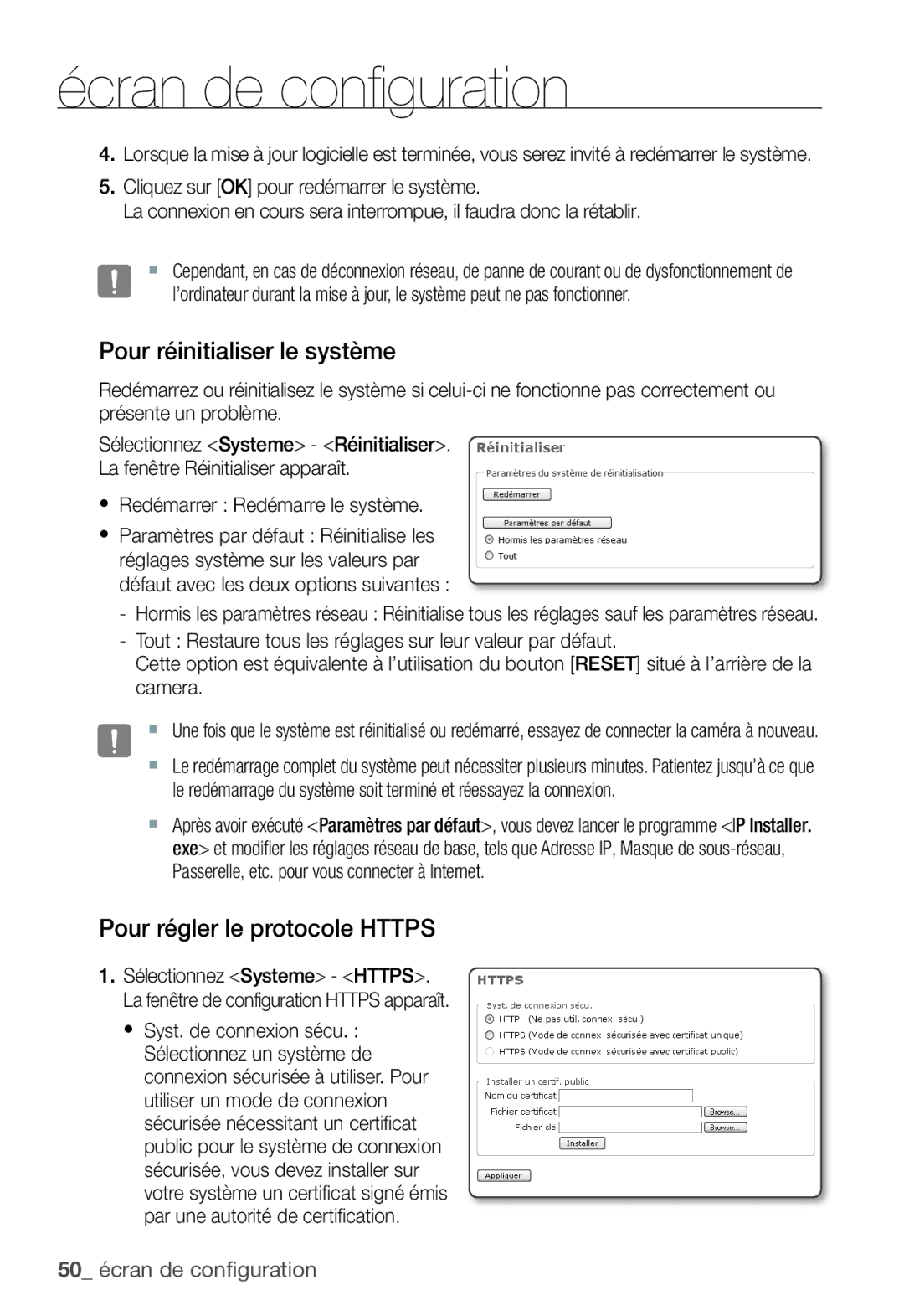 Samsung SNC-B2331P manual Pour réinitialiser le système, Pour régler le protocole Https 