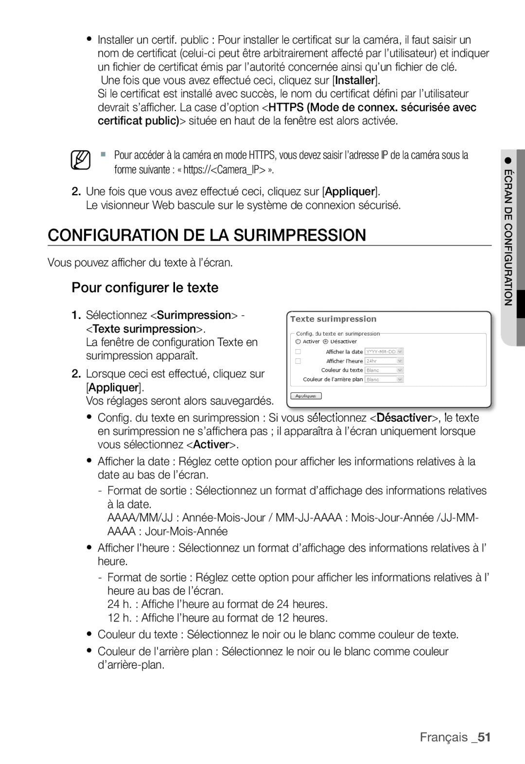 Samsung SNC-B2331P Configuration DE LA Surimpression, Pour configurer le texte, Vous pouvez afficher du texte à l’écran 