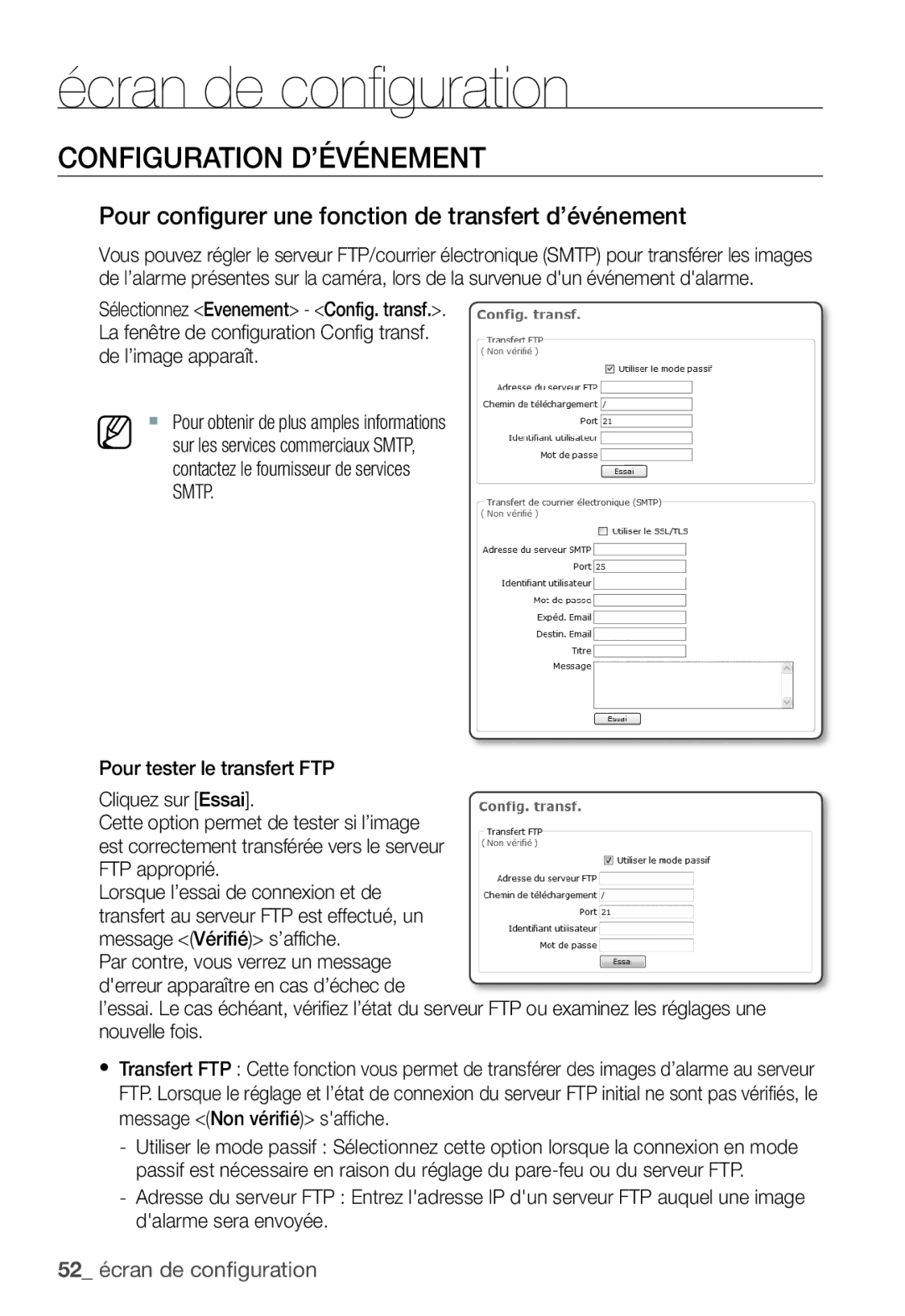 Samsung SNC-B2331P manual Configuration D’ÉVÉNEMENT, Pour configurer une fonction de transfert d’événement 