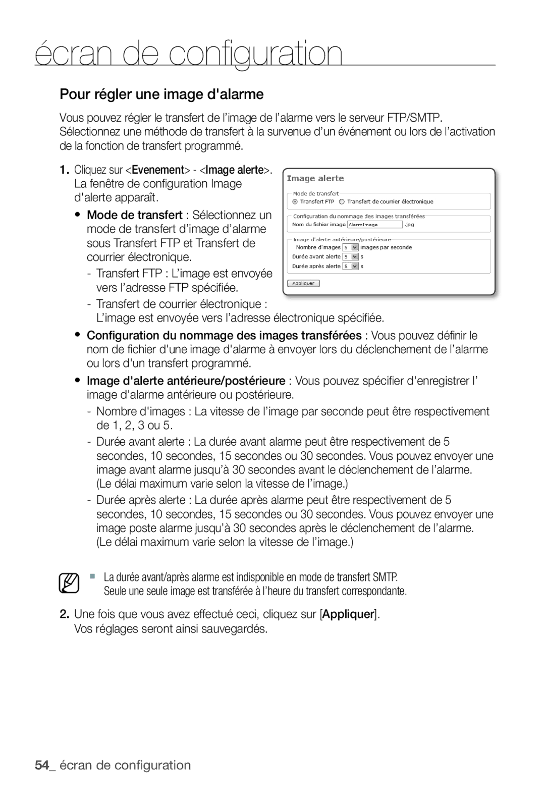 Samsung SNC-B2331P manual Pour régler une image dalarme, Le délai maximum varie selon la vitesse de l’image 