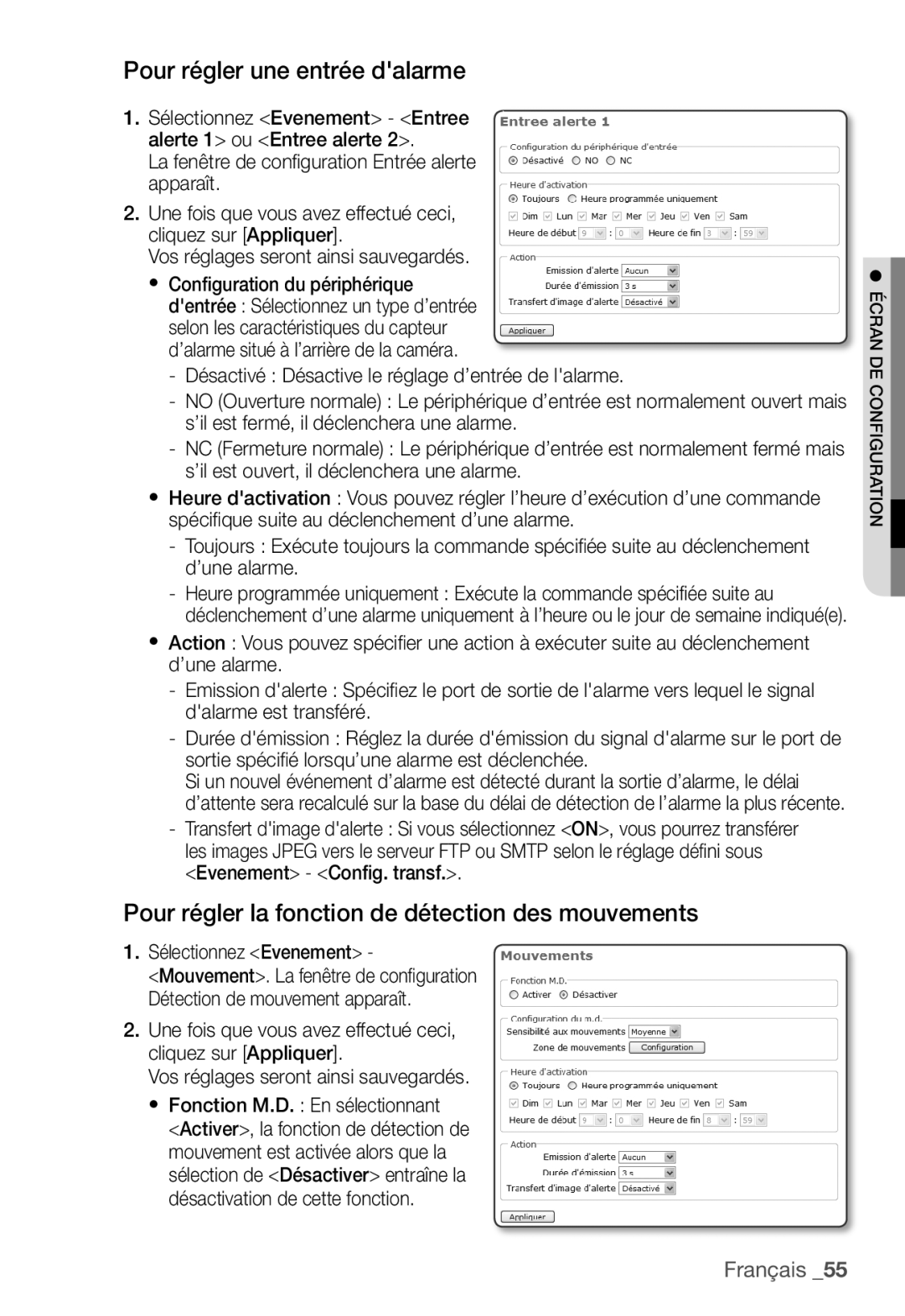 Samsung SNC-B2331P manual Pour régler une entrée dalarme, Pour régler la fonction de détection des mouvements 