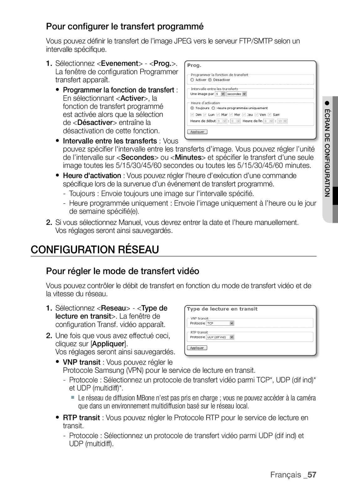 Samsung SNC-B2331P Configuration Réseau, Pour configurer le transfert programmé, Pour régler le mode de transfert vidéo 