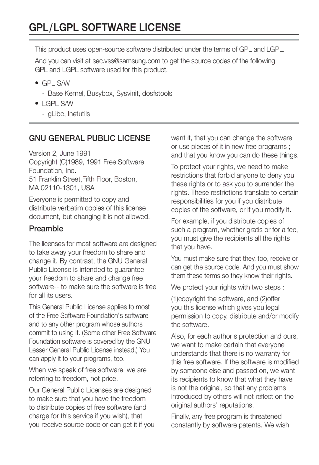 Samsung SNC-B2331P manual GPL/LGPL Software License, GNU General Public License, Preamble 