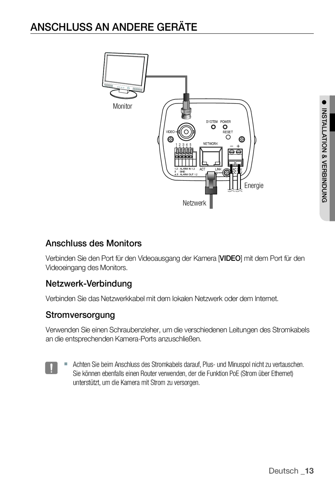 Samsung SNC-B2331P manual Anschluss AN Andere Geräte, Anschluss des Monitors, Netzwerk-Verbindung, Stromversorgung 