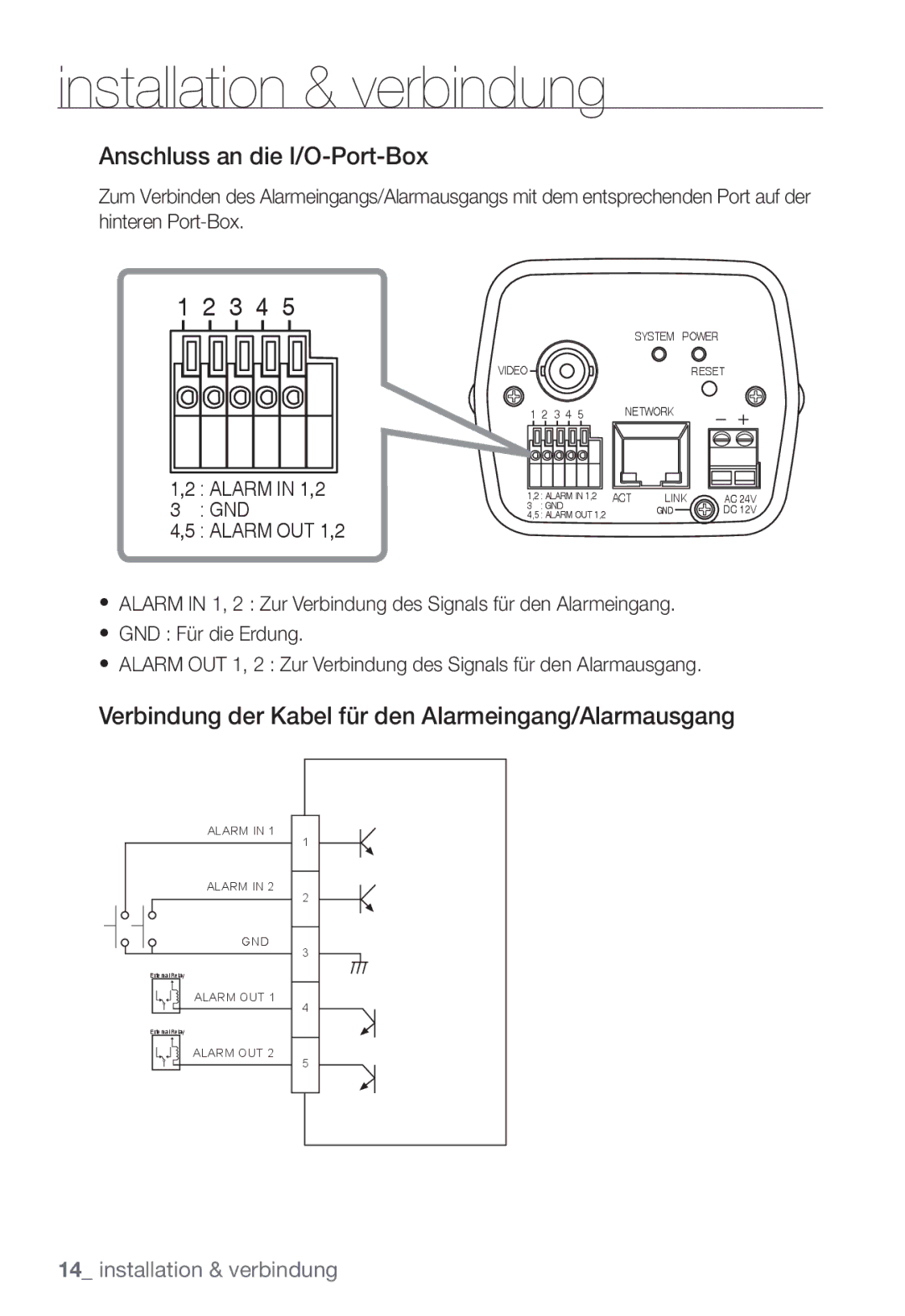 Samsung SNC-B2331P manual Anschluss an die I/O-Port-Box, Verbindung der Kabel für den Alarmeingang/Alarmausgang 