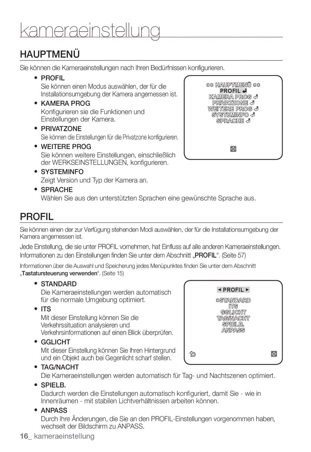 Samsung SNC-B2331P manual Hauptmenü, Profil, Standard, Its, Gglicht 