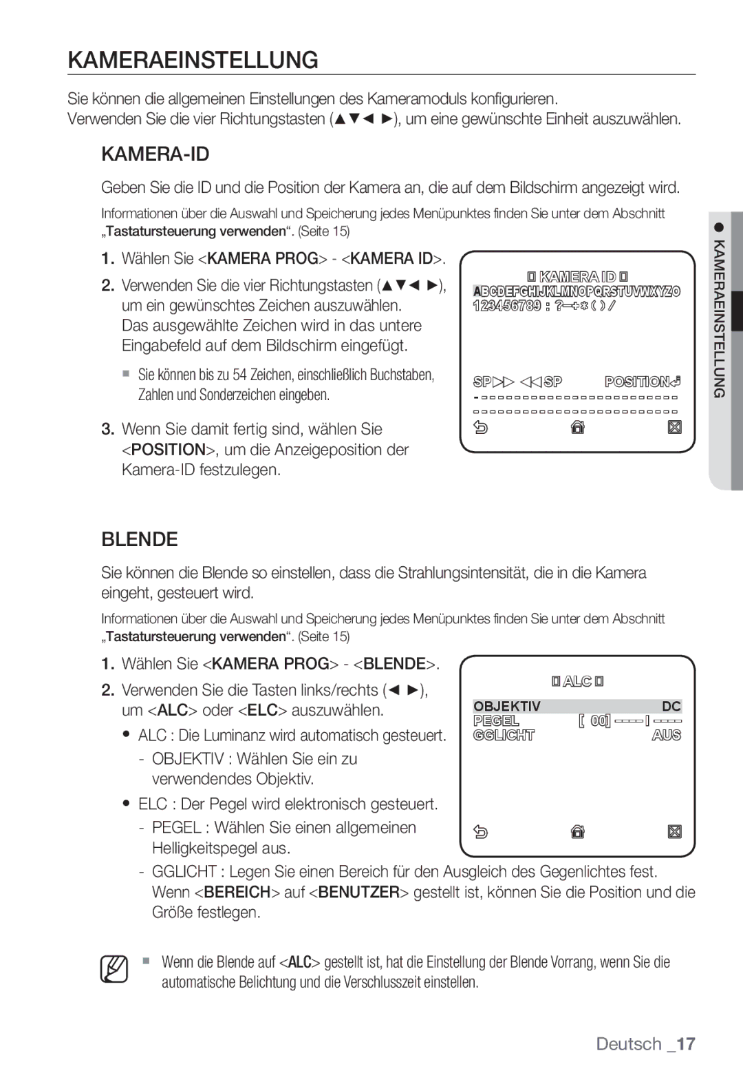 Samsung SNC-B2331P manual Kameraeinstellung, Kamera-Id, Blende 