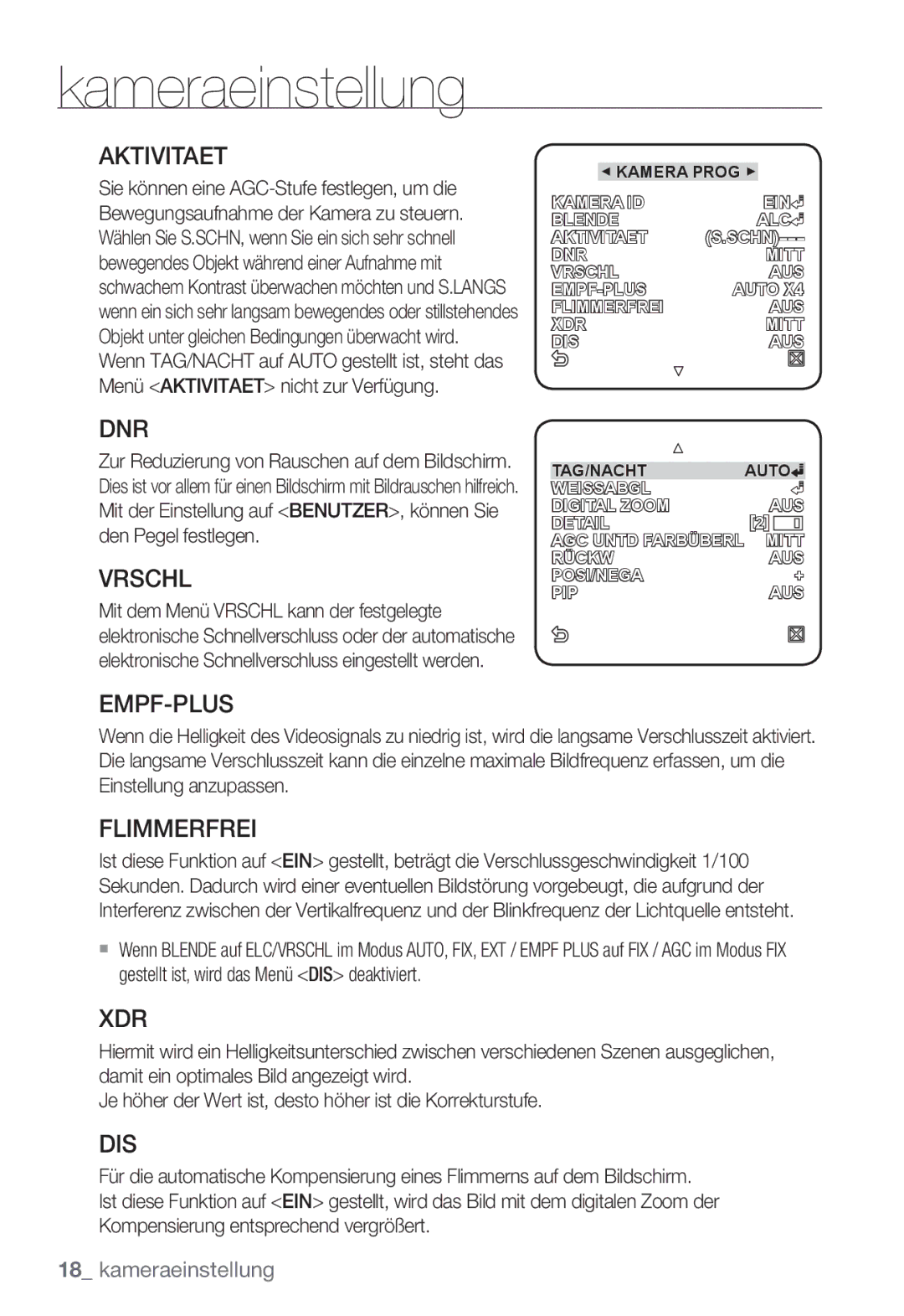 Samsung SNC-B2331P manual Aktivitaet, Dnr, Vrschl, Empf-Plus, Flimmerfrei, Xdr, Dis 