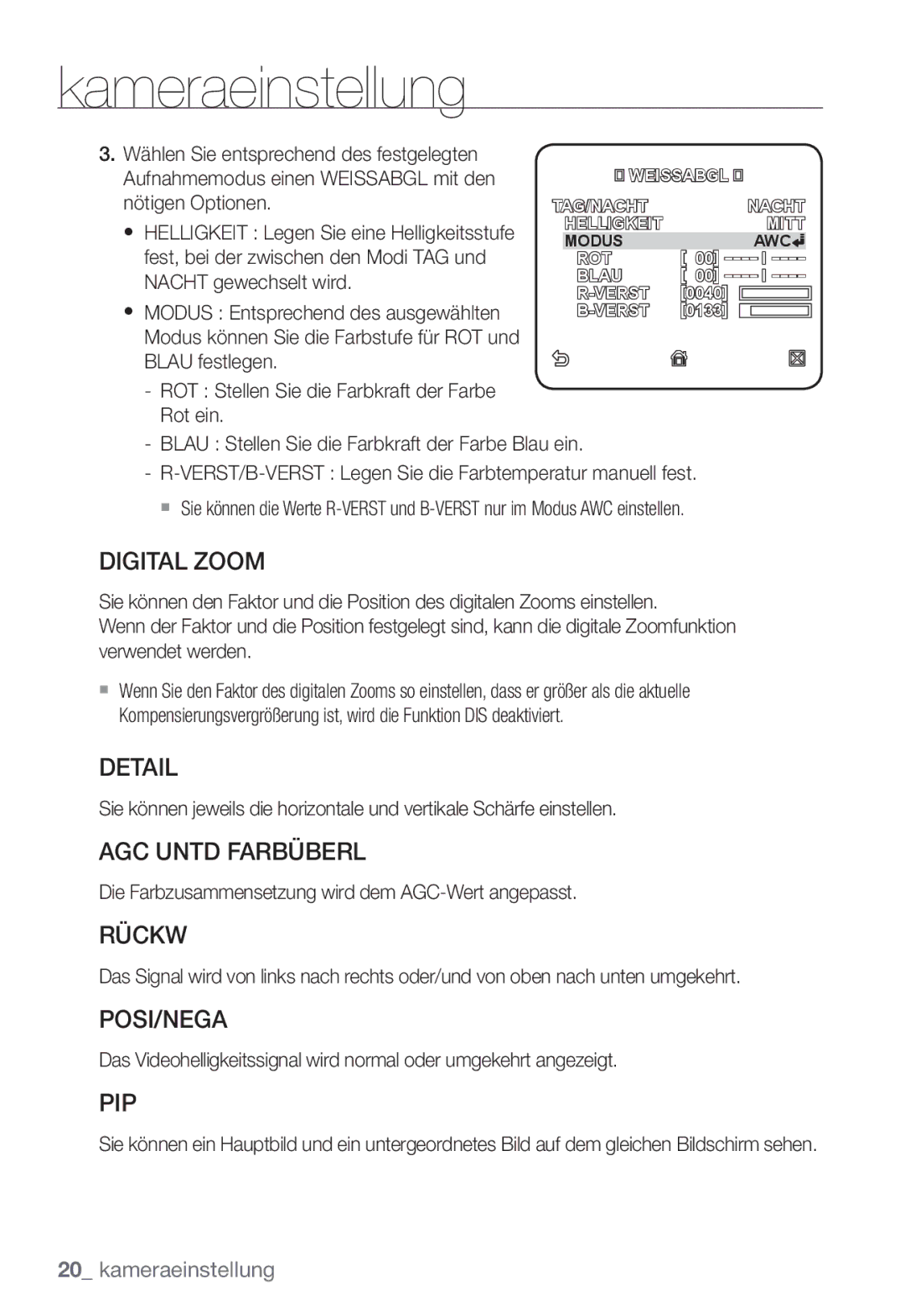 Samsung SNC-B2331P manual Digital Zoom, Detail, AGC Untd Farbüberl, Rückw, Posi/Nega, Pip 