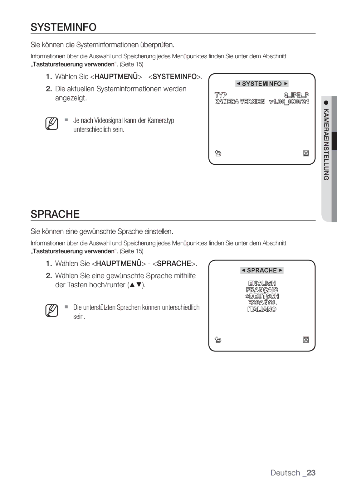 Samsung SNC-B2331P manual Sprache, Sie können die Systeminformationen überprüfen 