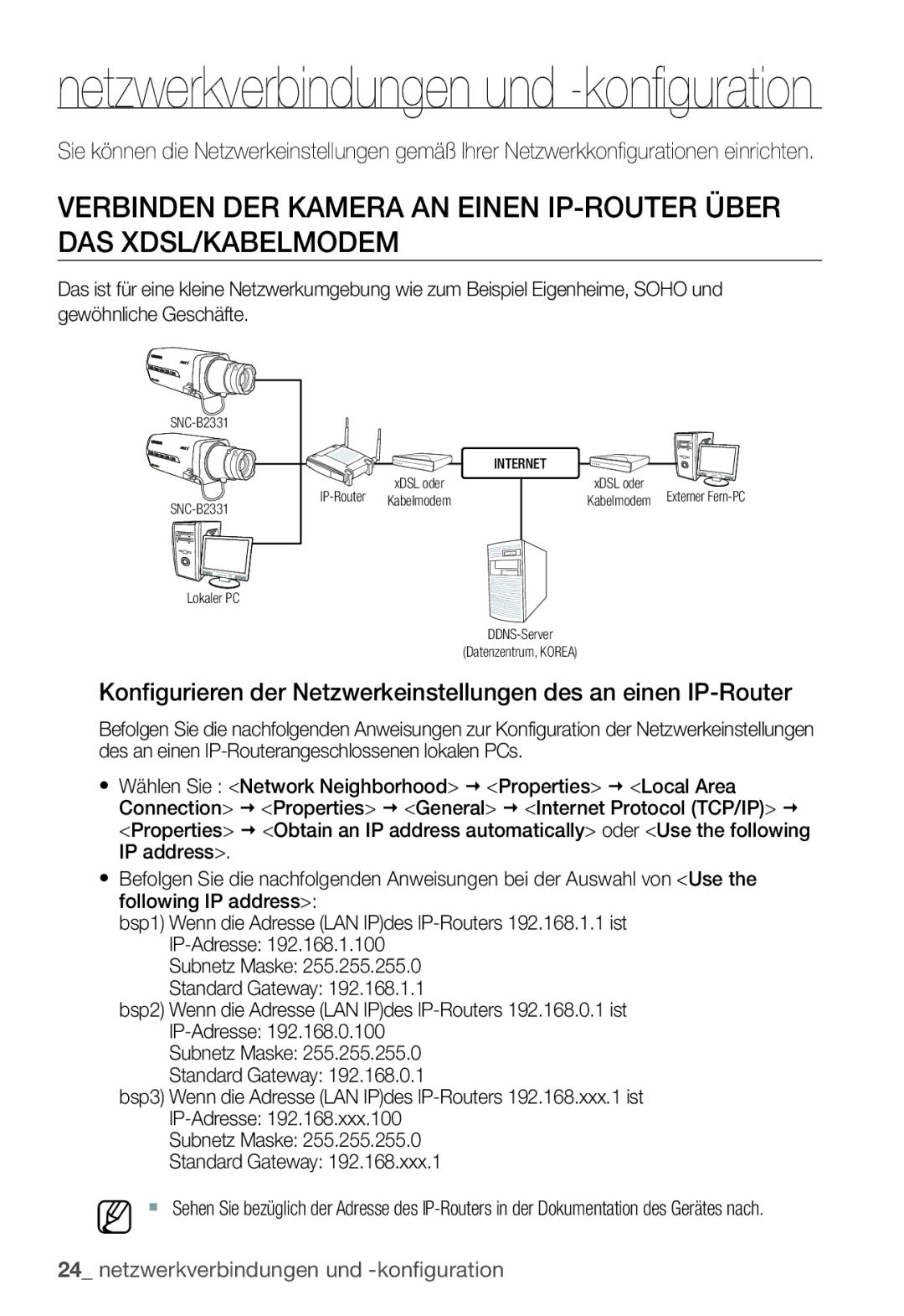 Samsung SNC-B2331P manual Netzwerkverbindungen und -konfiguration 