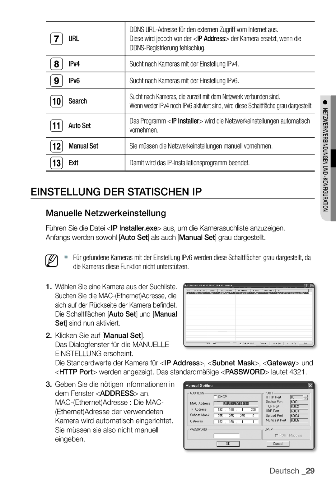 Samsung SNC-B2331P manual Einstellung DER Statischen IP, Manuelle Netzwerkeinstellung 