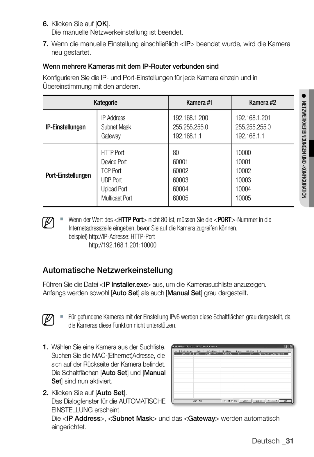 Samsung SNC-B2331P manual Automatische Netzwerkeinstellung, Klicken Sie auf Auto Set 