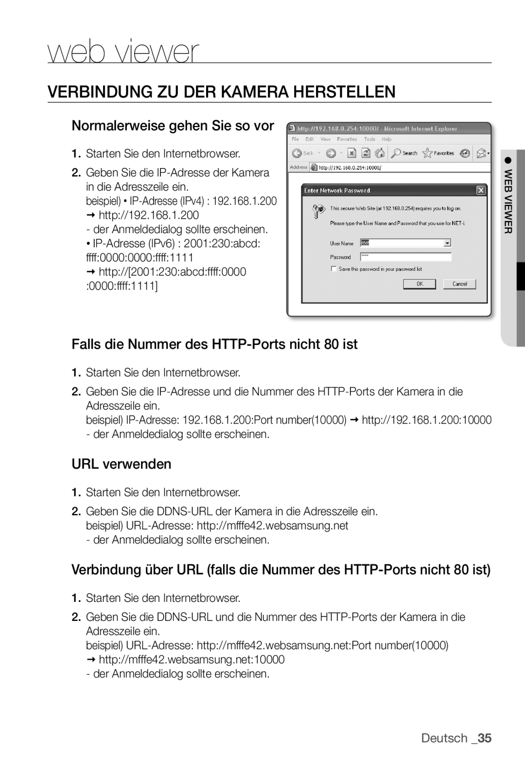 Samsung SNC-B2331P manual Verbindung ZU DER Kamera Herstellen, Normalerweise gehen Sie so vor, URL verwenden 