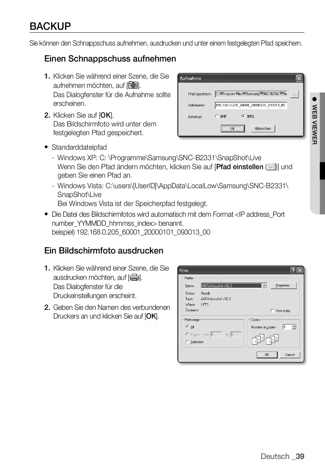 Samsung SNC-B2331P manual Backup, Einen Schnappschuss aufnehmen, Ein Bildschirmfoto ausdrucken 