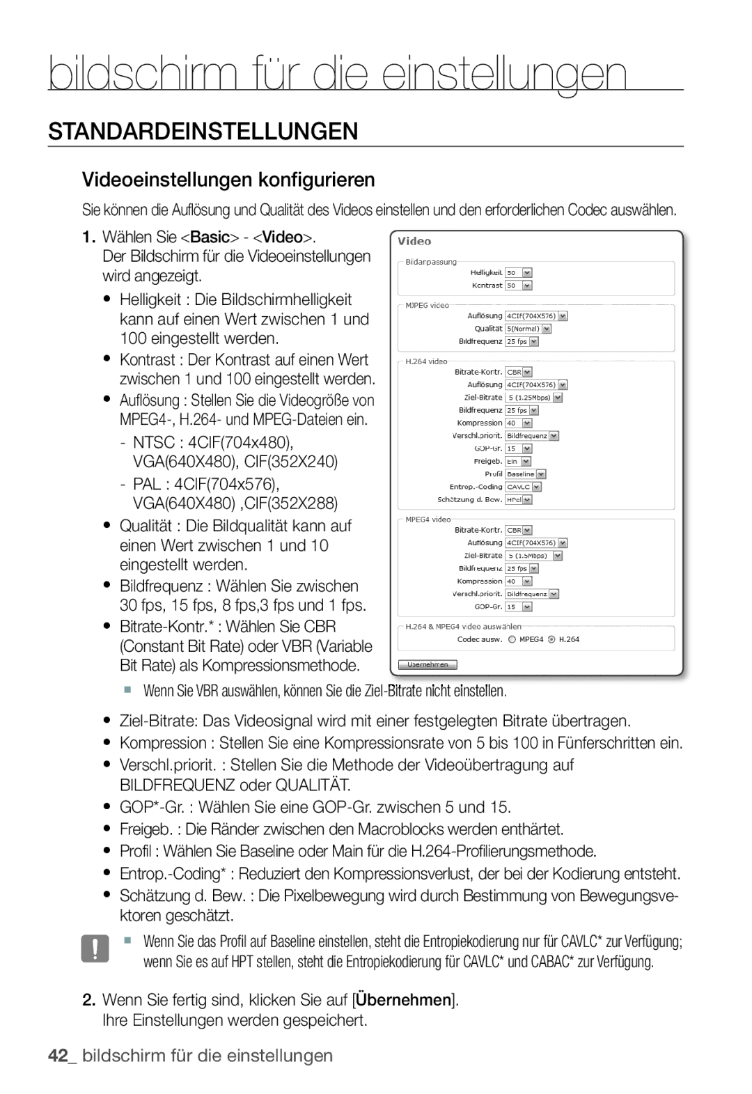 Samsung SNC-B2331P manual Standardeinstellungen, Videoeinstellungen konfigurieren 