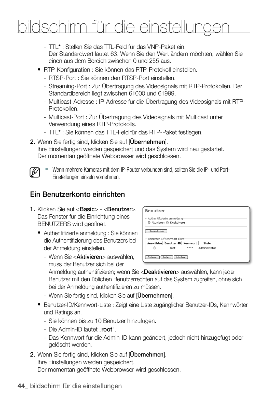 Samsung SNC-B2331P manual Ein Benutzerkonto einrichten, Der momentan geöffnete Webbrowser wird geschlossen 