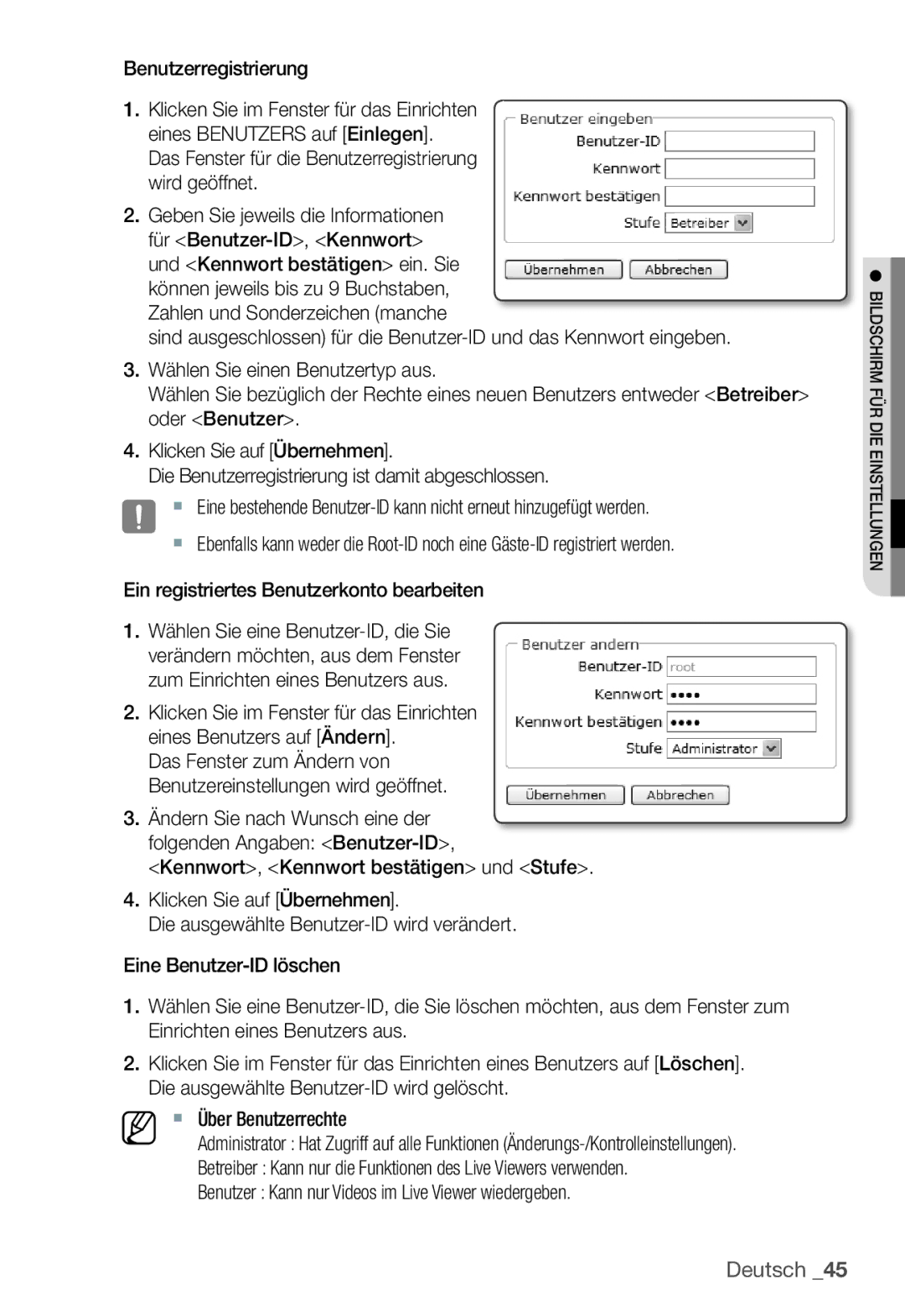 Samsung SNC-B2331P manual Das Fenster für die Benutzerregistrierung wird geöffnet 