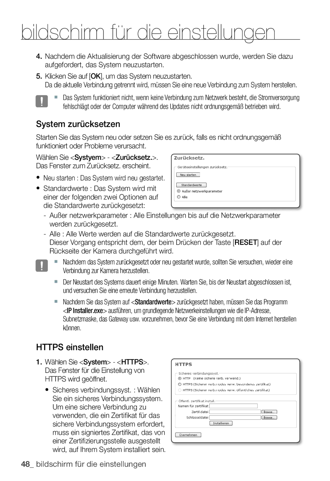 Samsung SNC-B2331P manual System zurücksetzen, Https einstellen 