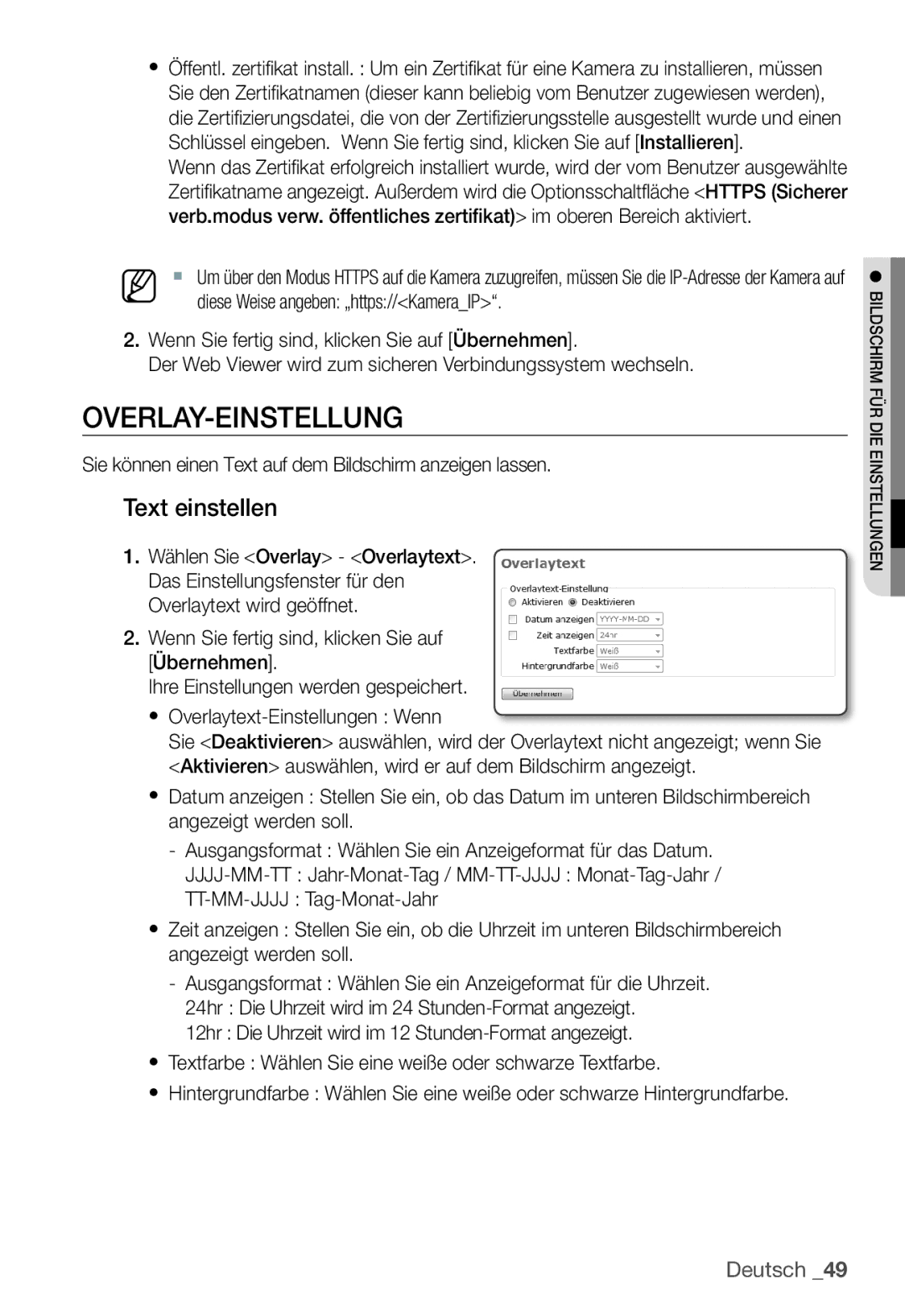 Samsung SNC-B2331P manual Overlay-Einstellung, Text einstellen, Sie können einen Text auf dem Bildschirm anzeigen lassen 