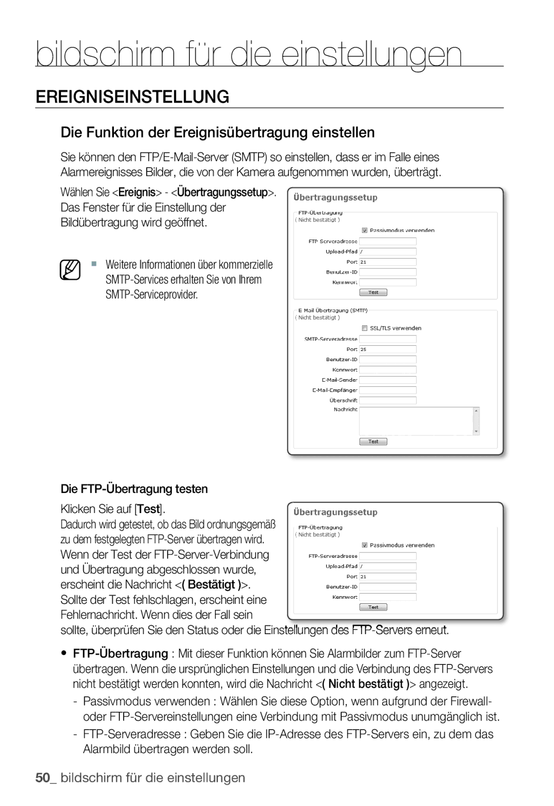 Samsung SNC-B2331P manual Ereigniseinstellung, Die Funktion der Ereignisübertragung einstellen 