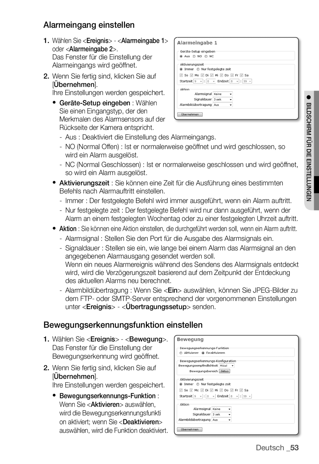 Samsung SNC-B2331P manual Alarmeingang einstellen, Bewegungserkennungsfunktion einstellen 