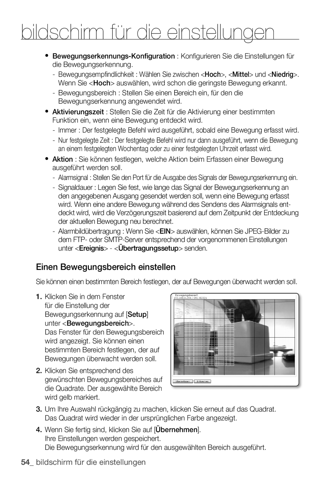 Samsung SNC-B2331P manual Einen Bewegungsbereich einstellen 