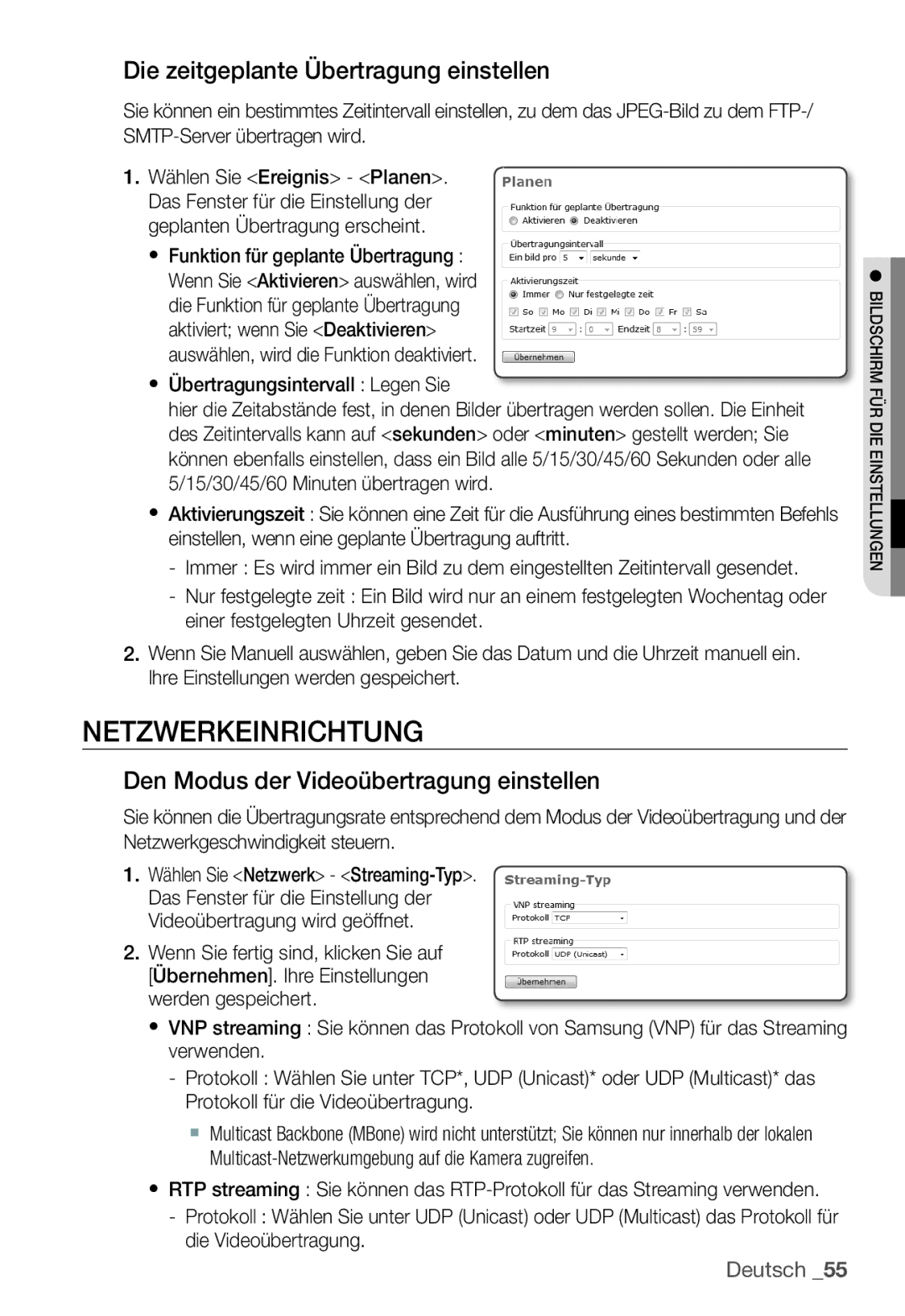 Samsung SNC-B2331P Netzwerkeinrichtung, Die zeitgeplante Übertragung einstellen, Den Modus der Videoübertragung einstellen 