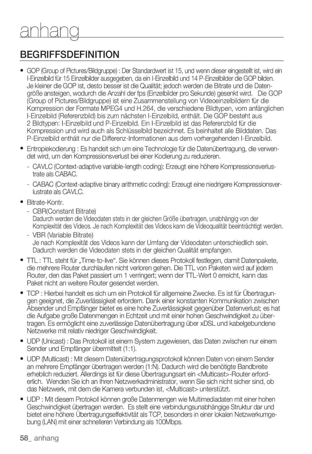 Samsung SNC-B2331P manual Begriffsdefinition, VBR Variable Bitrate 